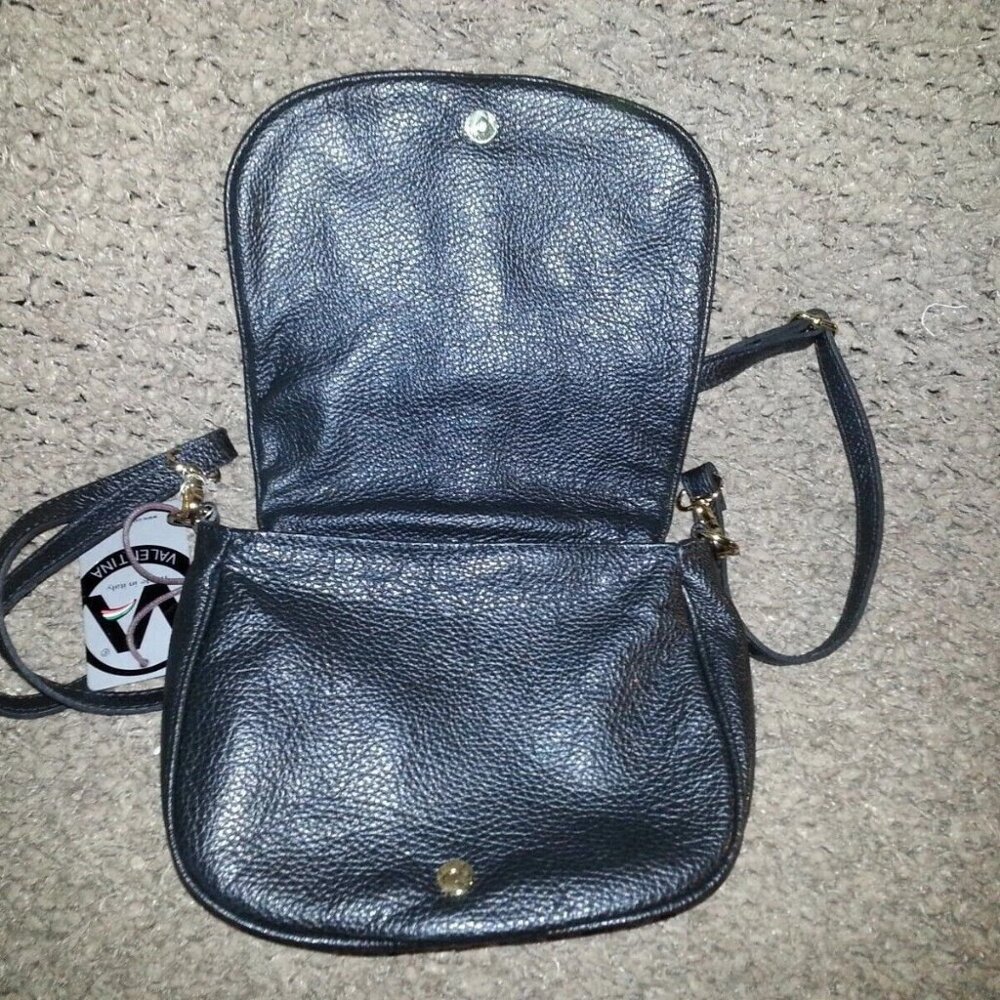 VALENTINA-Black Pebbled Leather Flap Bag/Front Stitching-NWT - Picture 6 of 7